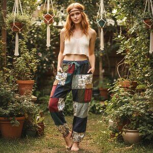 Rising International Boho Patchwork Cargo Jogger Pants 100% Cotton Size S